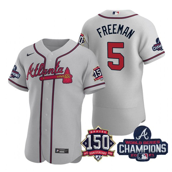 Men's Atlanta Braves #5 Freddie Freeman 2021 Grey World Series Champions With 150th Anniversary Flex Base Stitched Jersey